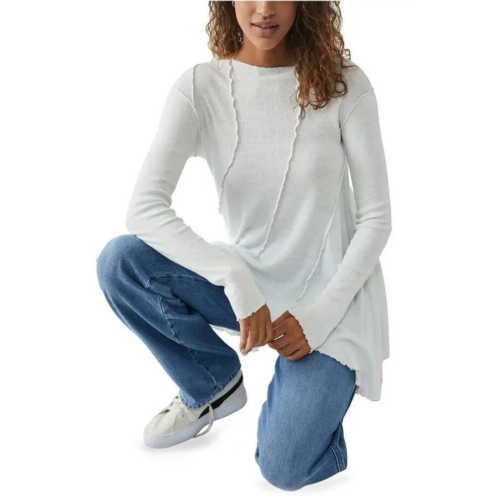 Free People Women's Full Swing Tunic Top White Asymmetric Long Sleeve Blouse, S - Picture 7 of 13